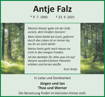 Traueranzeige von Antje Falz von Hildesheimer Allgemeine Zeitung