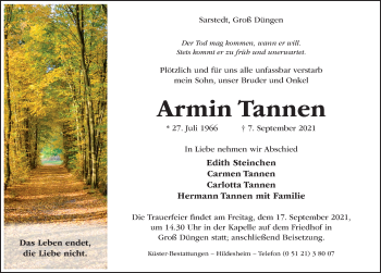 Traueranzeige von Armin Tannen von Hildesheimer Allgemeine Zeitung