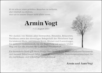 Traueranzeige von Armin Vogt von Hildesheimer Allgemeine Zeitung