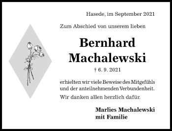 Traueranzeige von Bernhard Machalewski von Hildesheimer Allgemeine Zeitung