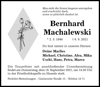 Traueranzeige von Bernhard Machalewski von Hildesheimer Allgemeine Zeitung