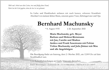 Traueranzeige von Bernhard Machunsky von Hildesheimer Allgemeine Zeitung