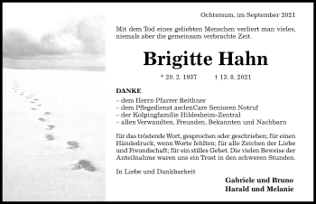 Traueranzeige von Brigitte Hahn von Hildesheimer Allgemeine Zeitung