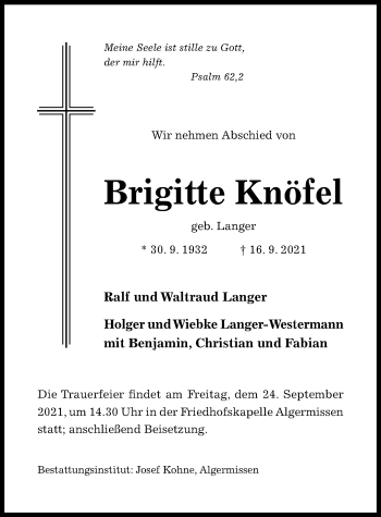 Traueranzeige von Brigitte Knöfel von Hildesheimer Allgemeine Zeitung