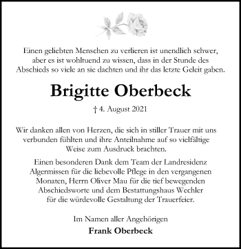 Traueranzeige von Brigitte Oberbeck von Hildesheimer Allgemeine Zeitung