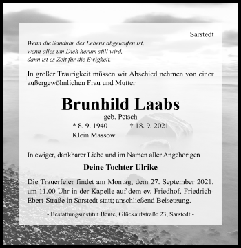 Traueranzeige von Brunhild Laabs von Hildesheimer Allgemeine Zeitung