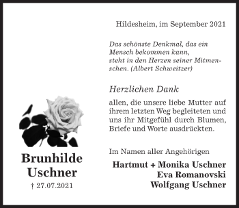Traueranzeige von Brunhilde Uschner von Hildesheimer Allgemeine Zeitung