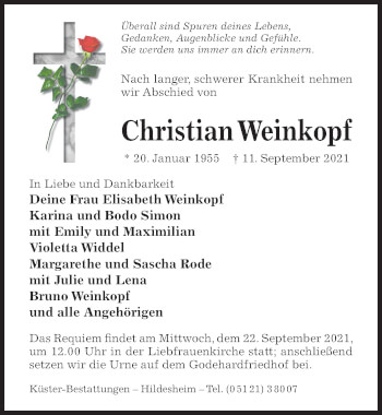 Traueranzeige von Christian Weinkopf von Hildesheimer Allgemeine Zeitung
