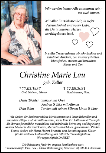 Traueranzeige von Christine Marie Lau von Hildesheimer Allgemeine Zeitung