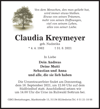 Traueranzeige von Claudia Kreymeyer von Hildesheimer Allgemeine Zeitung