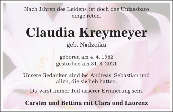 Traueranzeige von Claudia Kreymeyer von Hildesheimer Allgemeine Zeitung