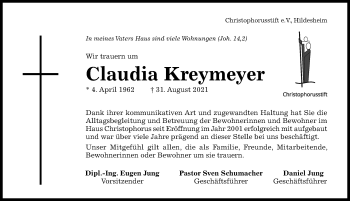 Traueranzeige von Claudia Kreymeyer von Hildesheimer Allgemeine Zeitung