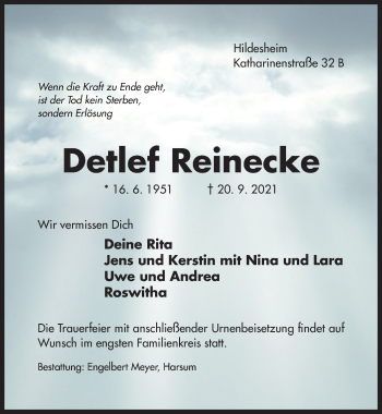 Traueranzeige von Detlef Reinecke von Hildesheimer Allgemeine Zeitung
