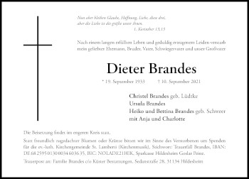 Traueranzeige von Dieter Brandes von Hildesheimer Allgemeine Zeitung