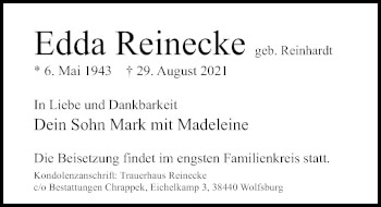 Traueranzeige von Edda Reinecke von Hildesheimer Allgemeine Zeitung