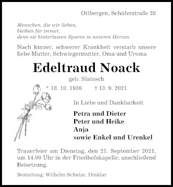 Traueranzeige von Edeltraud Noack von Hildesheimer Allgemeine Zeitung