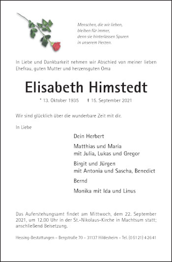 Traueranzeige von Elisabeth Himstedt von Hildesheimer Allgemeine Zeitung