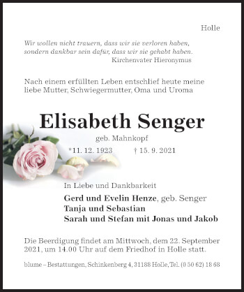 Traueranzeige von Elisabeth Senger von Hildesheimer Allgemeine Zeitung
