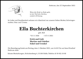 Traueranzeige von Ella Buchterkirchen von Hildesheimer Allgemeine Zeitung
