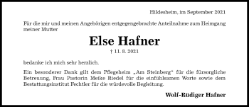 Traueranzeige von Else Hafner von Hildesheimer Allgemeine Zeitung
