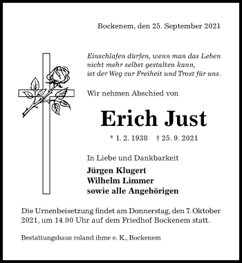 Traueranzeige von Erich Just von Hildesheimer Allgemeine Zeitung