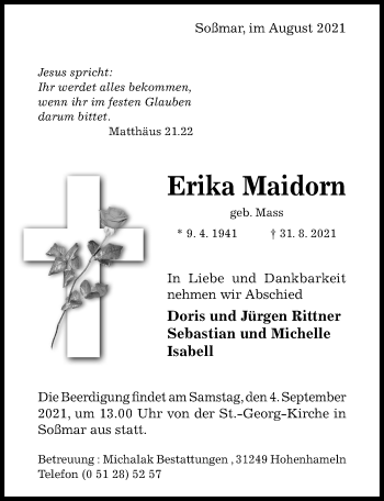 Traueranzeige von Erika Maidorn von Hildesheimer Allgemeine Zeitung