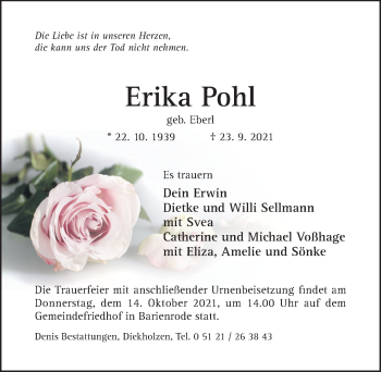 Traueranzeige von Erika Pohl von Hildesheimer Allgemeine Zeitung
