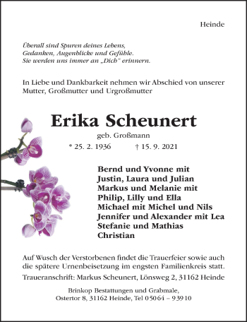 Traueranzeige von Erika Scheunert von Hildesheimer Allgemeine Zeitung