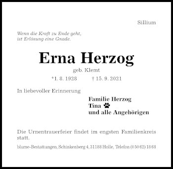 Traueranzeige von Erna Herzog von Hildesheimer Allgemeine Zeitung