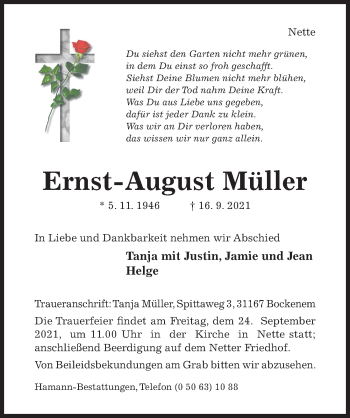 Traueranzeige von Ernst-August Müller von Hildesheimer Allgemeine Zeitung