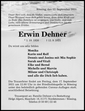 Traueranzeige von Erwin Dehner von Hildesheimer Allgemeine Zeitung