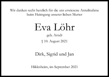 Traueranzeige von Eva Löhr von Hildesheimer Allgemeine Zeitung