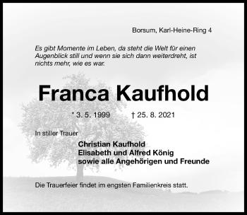 Traueranzeige von Franca Kaufhold von Hildesheimer Allgemeine Zeitung
