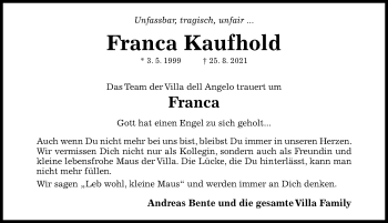 Traueranzeige von Franca Kaufhold von Hildesheimer Allgemeine Zeitung