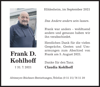 Traueranzeige von Frank D. Kohlhoff von Hildesheimer Allgemeine Zeitung