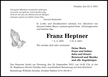 Traueranzeige von Franz Heptner von Hildesheimer Allgemeine Zeitung