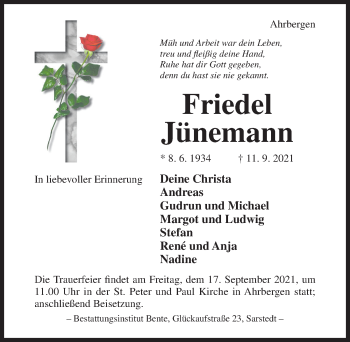 Traueranzeige von Friedel Jünemann von Hildesheimer Allgemeine Zeitung