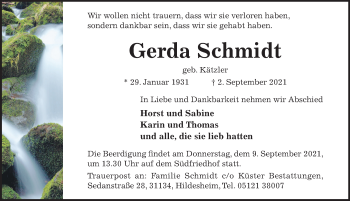 Traueranzeige von Gerda Schmidt von Hildesheimer Allgemeine Zeitung