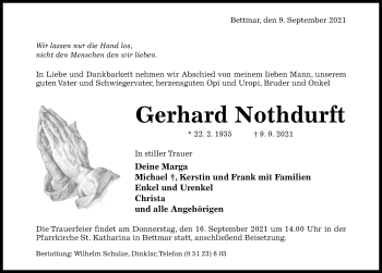 Traueranzeige von Gerhard Nothdurft von Hildesheimer Allgemeine Zeitung
