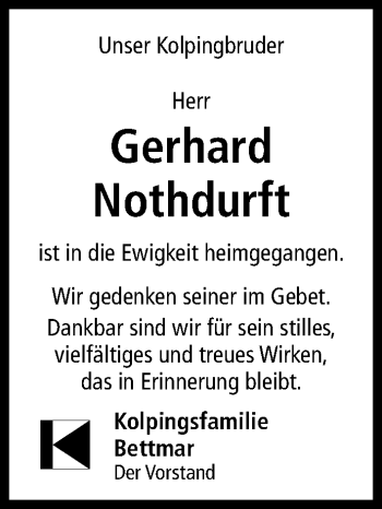 Traueranzeige von Gerhard Nothdurft von Hildesheimer Allgemeine Zeitung