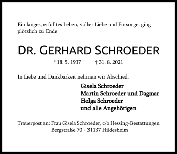 Traueranzeige von Gerhard Schroeder von Hildesheimer Allgemeine Zeitung