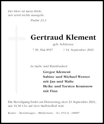 Traueranzeige von Gertraud Klement von Hildesheimer Allgemeine Zeitung