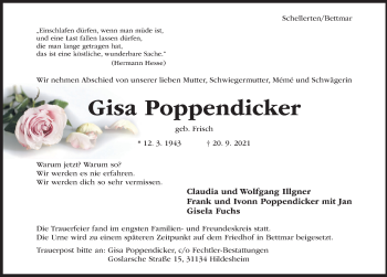 Traueranzeige von Gisa Poppendicker von Hildesheimer Allgemeine Zeitung
