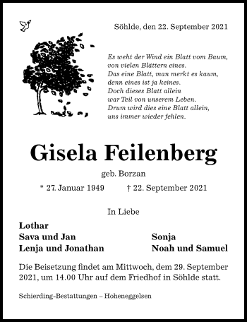 Traueranzeige von Gisela Feilenberg von Hildesheimer Allgemeine Zeitung