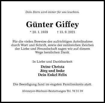 Traueranzeige von Günter Giffey von Hildesheimer Allgemeine Zeitung