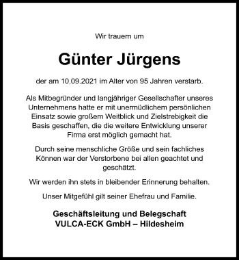 Traueranzeige von Günter Jürgens von Hildesheimer Allgemeine Zeitung