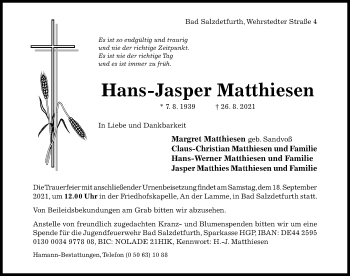 Traueranzeige von Hans-Jasper Matthiesen von Hildesheimer Allgemeine Zeitung