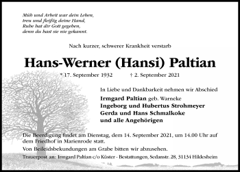 Traueranzeige von Hans-Werner Paltian von Hildesheimer Allgemeine Zeitung