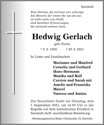 Traueranzeige von Hedwig Gerlach von Hildesheimer Allgemeine Zeitung