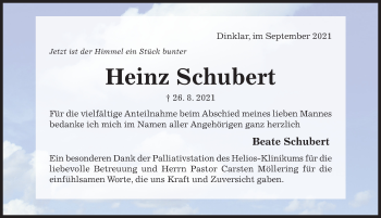 Traueranzeige von Heinz Schubert von Hildesheimer Allgemeine Zeitung